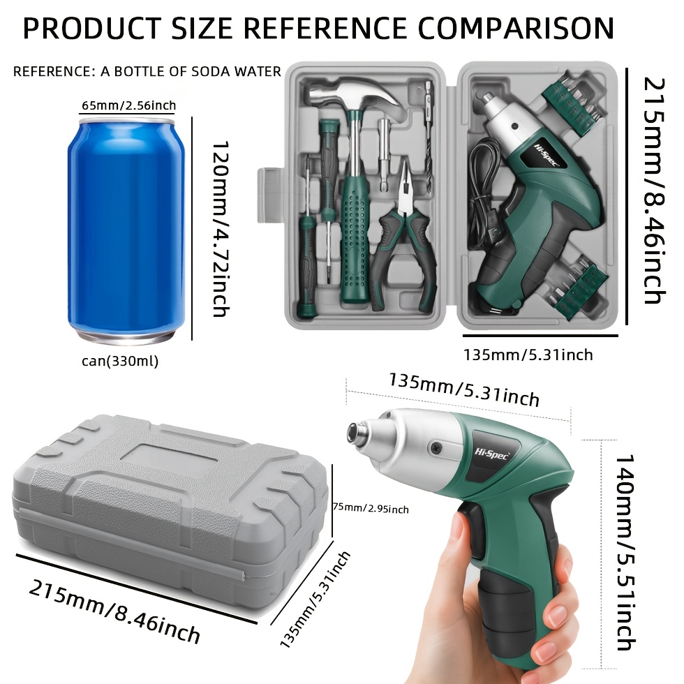 TEMU Hi- Home Ensemble de 20 pièces Vert 3.6V Tournevis Électrique + Kit d'Outils Manuels avec Boîtier de Rangement Compact pour Outils de Réparation