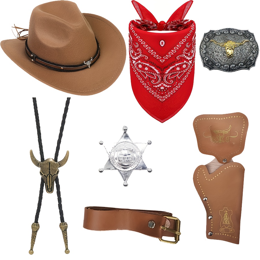 TEMU Men's Western Cowboy Costume Accessory Bundle - Hats, Headscarves, Badges, Bolo Collar, Belt & Holster Suitable For Role-play Parties, Cowboy