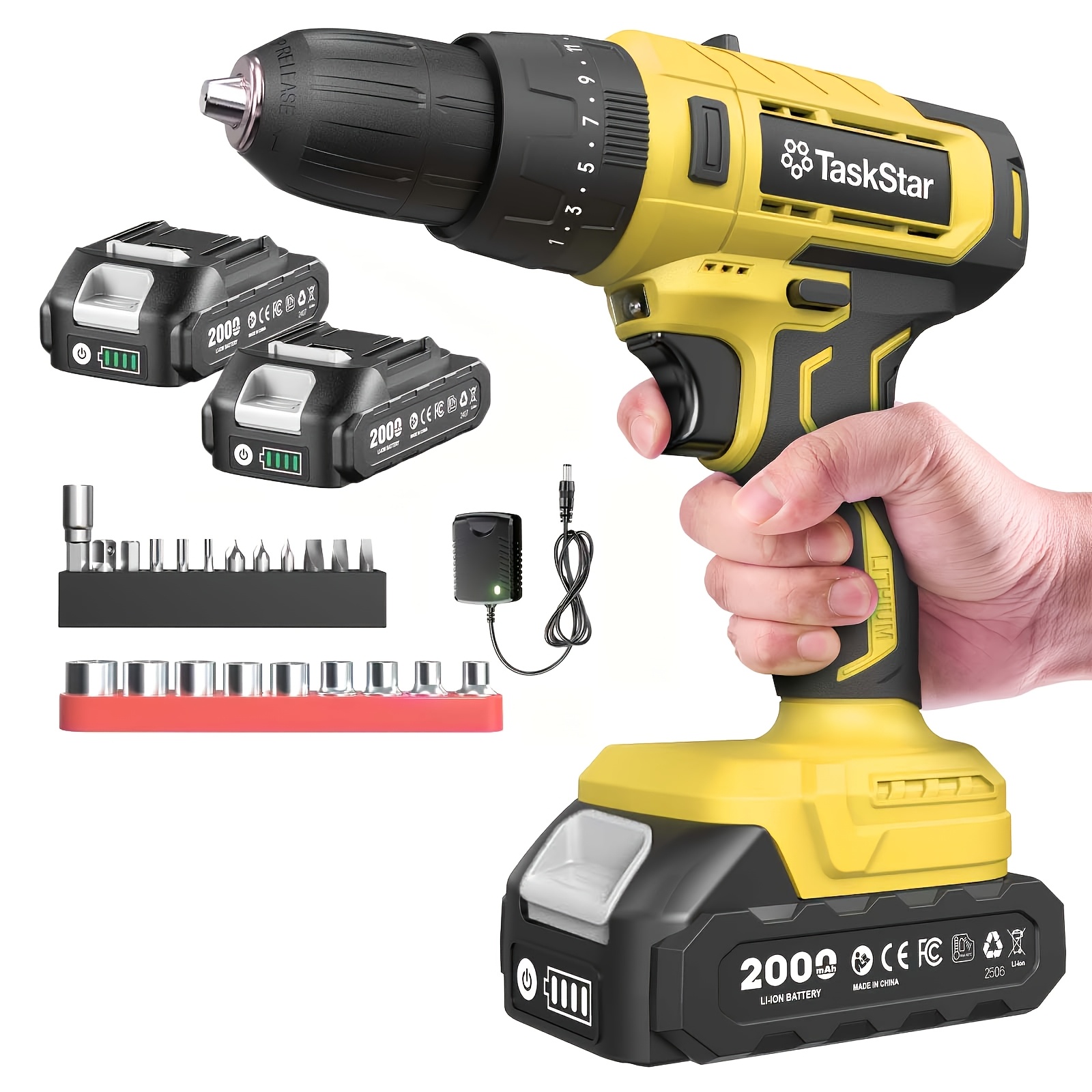 TEMU Ensemble de perceuse-viseuse Taskstar 21V 3/8", kit d'outils électriques avec 2 batteries 2.0Ah et chargeur rapide, 2 vitesses, cadeau de