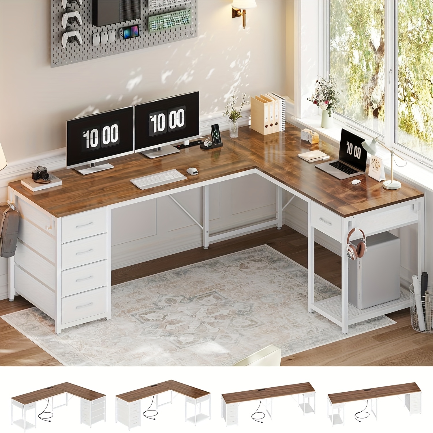 57 l shaped desk with storage 78   person desk with power outlets reversible gaming desk with 5 fabric drawers open shelf corner double desk with   desktop hooks home office desk white  