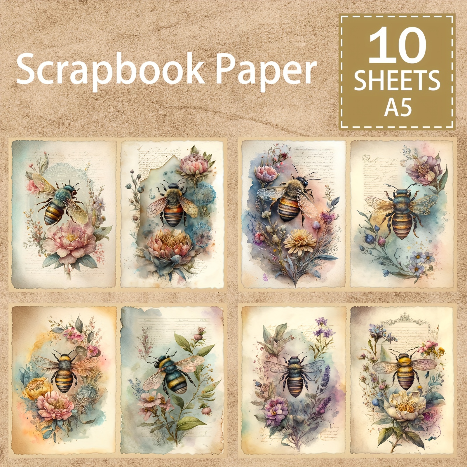 

10-pack A5 Floral & Bee Themed Scrapbook Paper - Vintage Diy Journaling, Greeting Cards & Planner Backgrounds Scrapbook Embellishments Vintage Scrapbook Paper