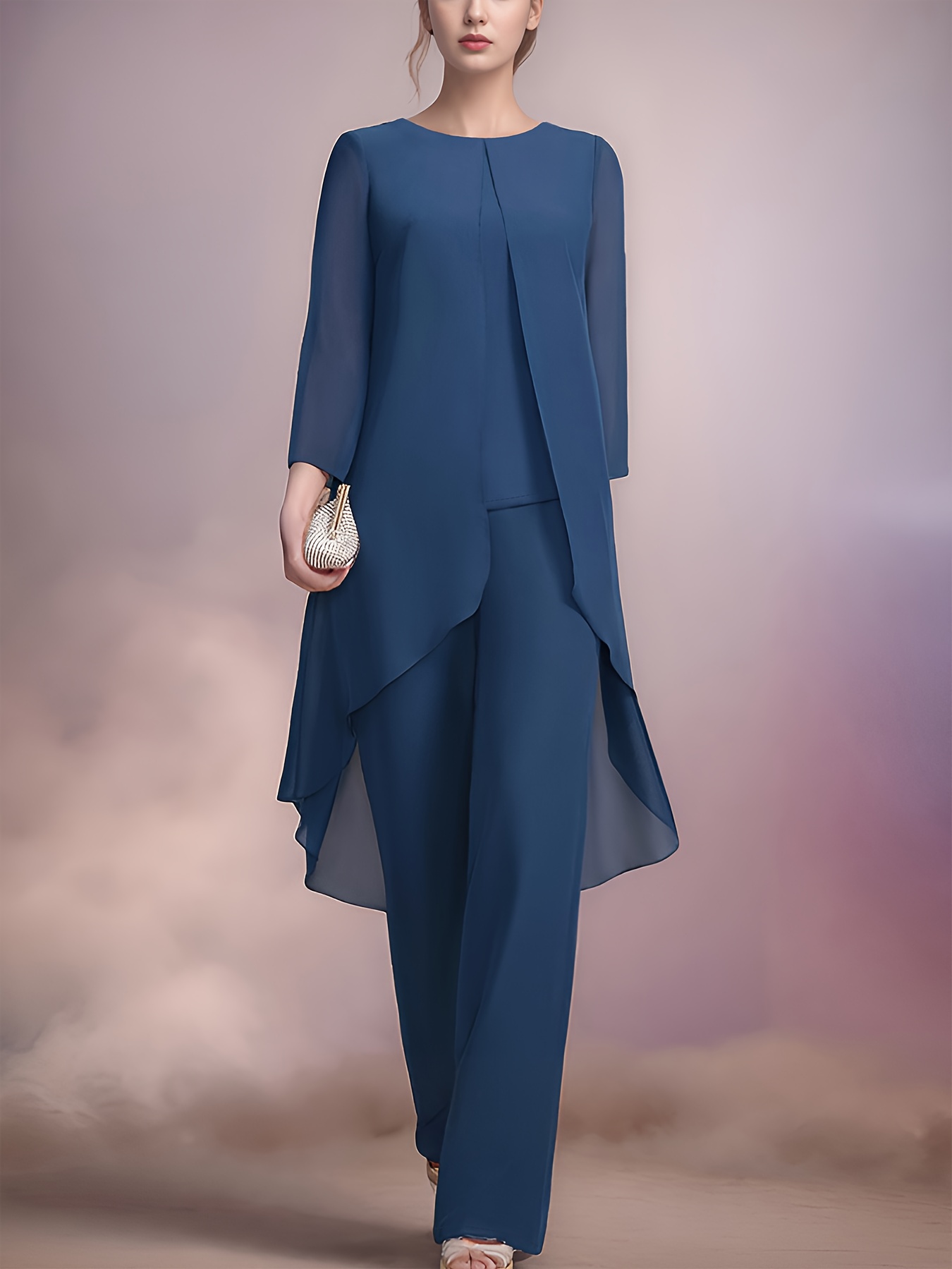 elegant womens pants set featuring a pure colored chiffon top and pants as a two piece set suitable for casual or formal occasions including parties and evening dresses fashionable womens wear