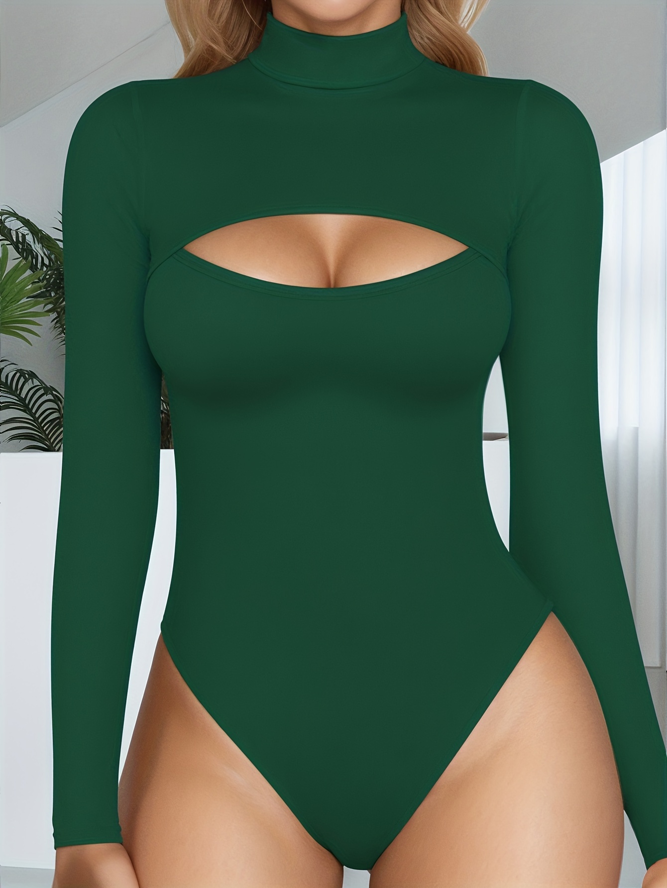 Dark Green Color Women’s High-neck Sexy Cut-out Design Long-sleeve Slim-fit Bodysuit Top