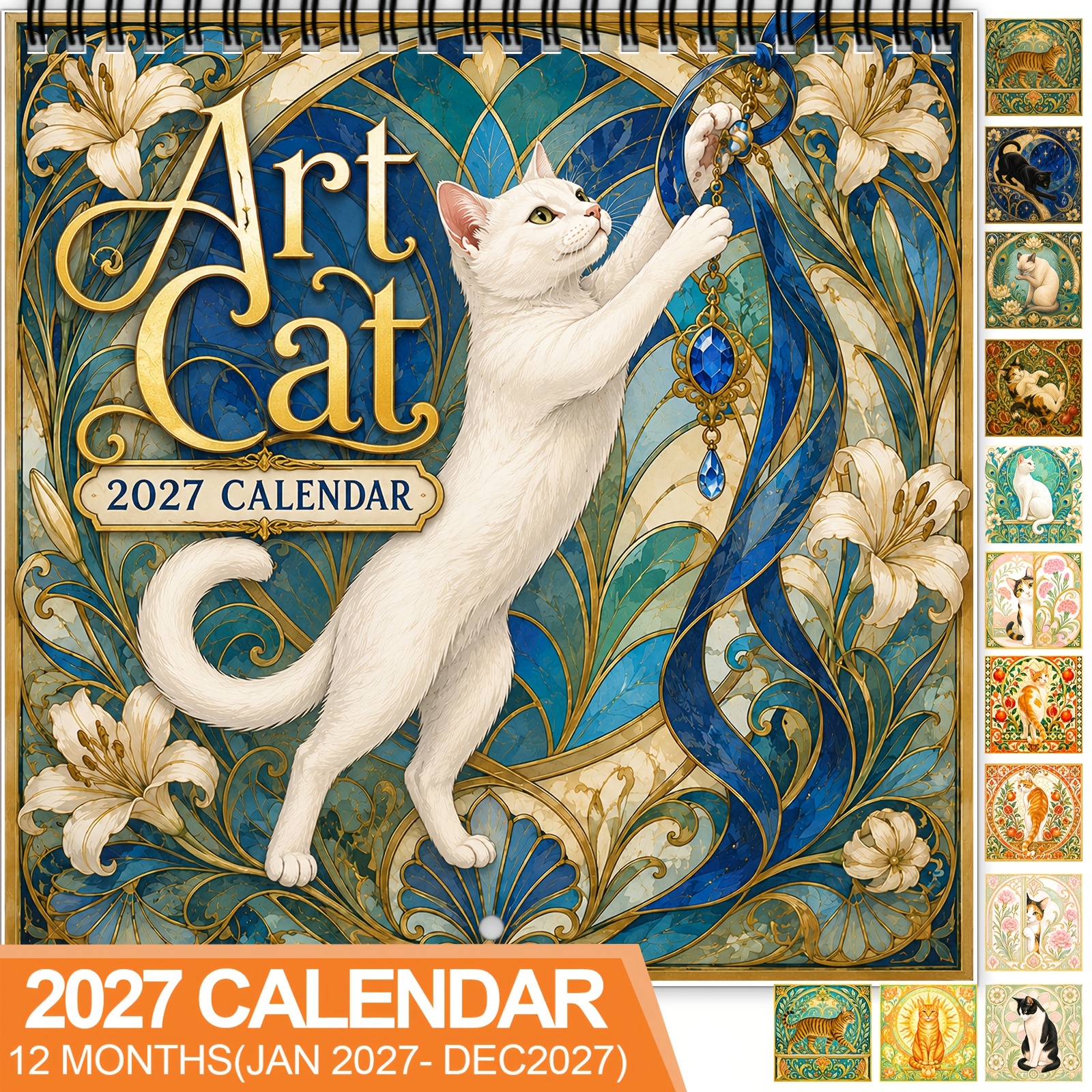 TEMU 1pc 2027 Art Cat Wall Calendar, Spiral-bound 12-month Calendar With Large Date Blocks, Features Elegant Cats In Vintage -inspired Floral
