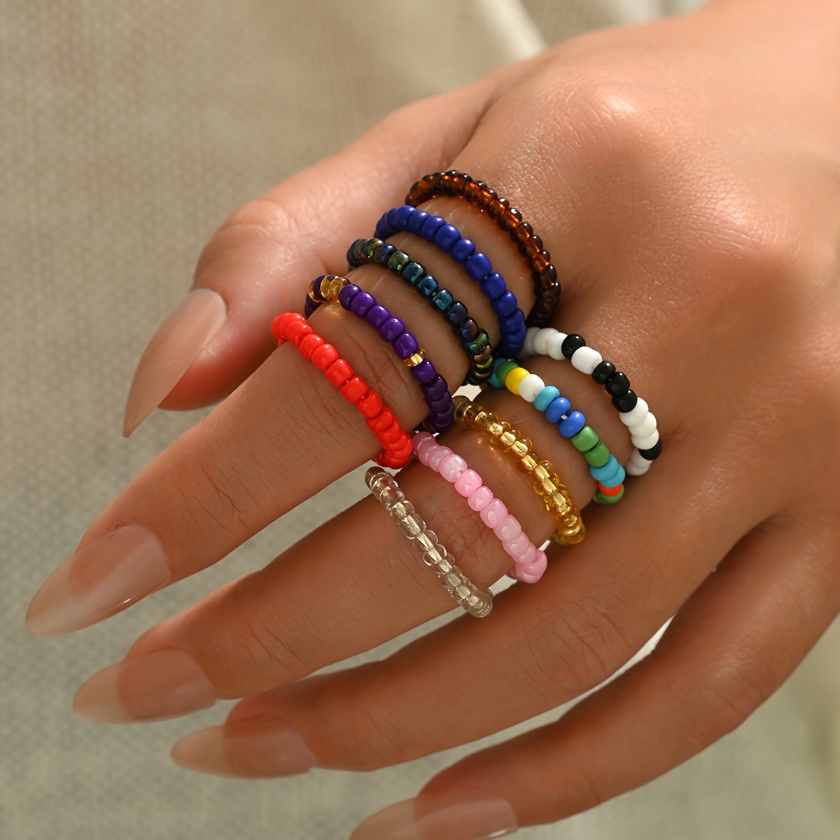 10pcs Boho Style Colorful Beaded Stretch Rings Set