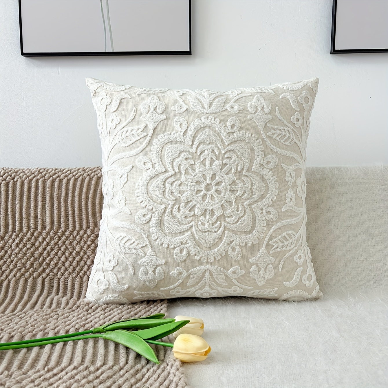 TEMU 1pc Mandala Cushion Cover, Embroidery Throw Pillow Case, Pillow Insert Not Included