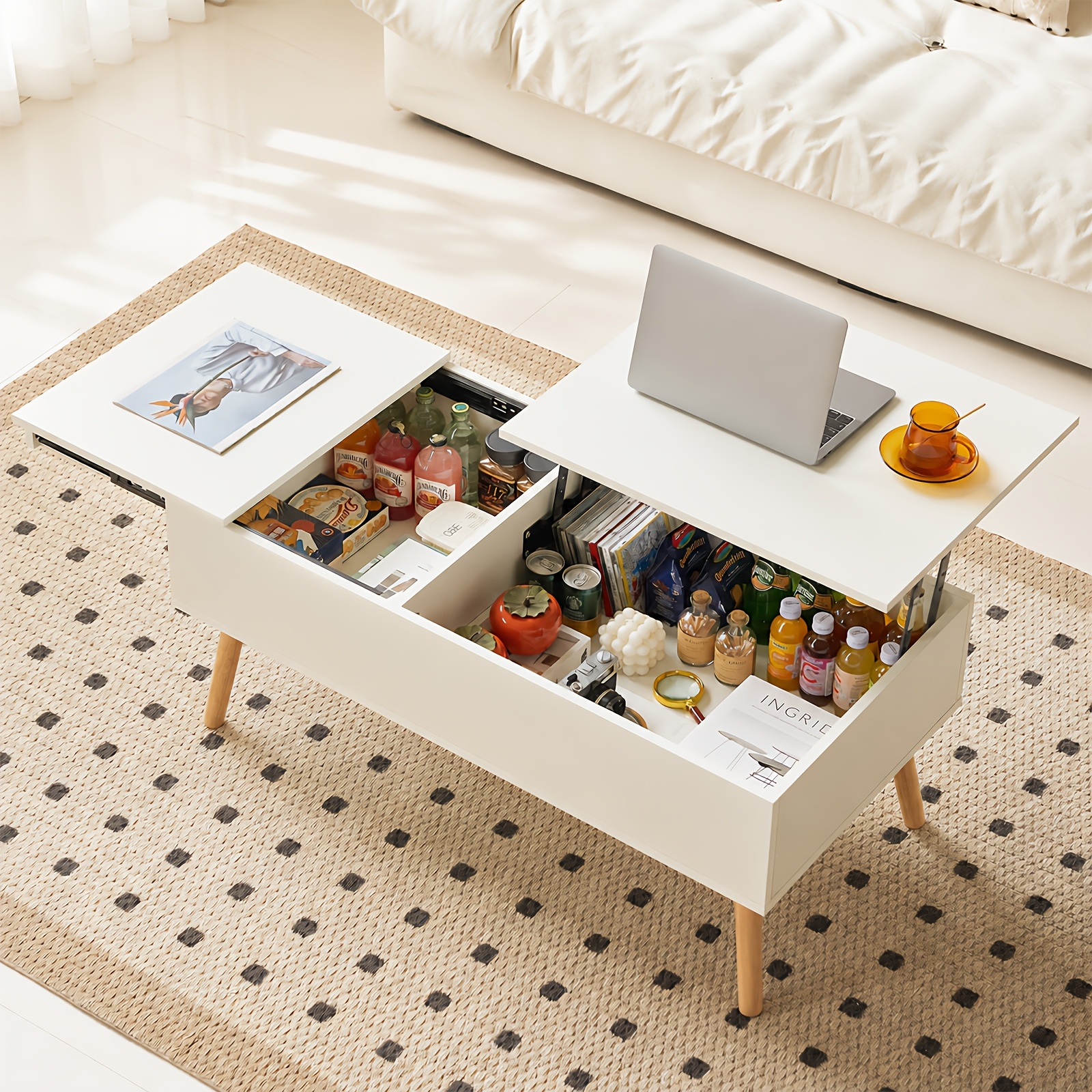 Image of Coffee Table Height Adjustable And Extendable, Living Room Table With Storage Made Of Sturdy Wood And Metal. Ideal For Small Living Rooms, Home Offices, Or Food .