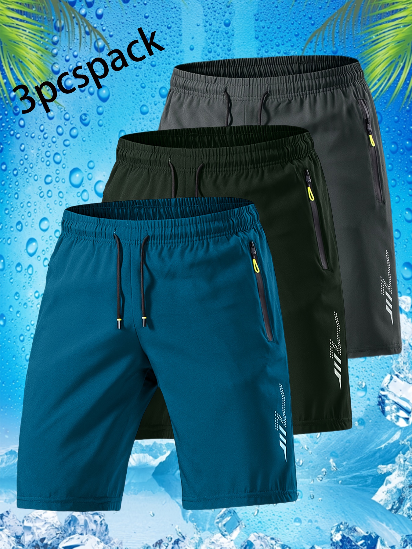 3er-Set Herren Sommer Ice Sliky Fiber Freizeitshorts – Atmungsaktive, Schnelltrocknende Lockere Sportshorts mit geometrischem Muster & elastischem Bund, Mid-Rise Lauf-, Basketball- und Fitnessshorts mit Taschen (Marineblau, Dunkelgrau, Schwarz), strapazierfähige Nähte
