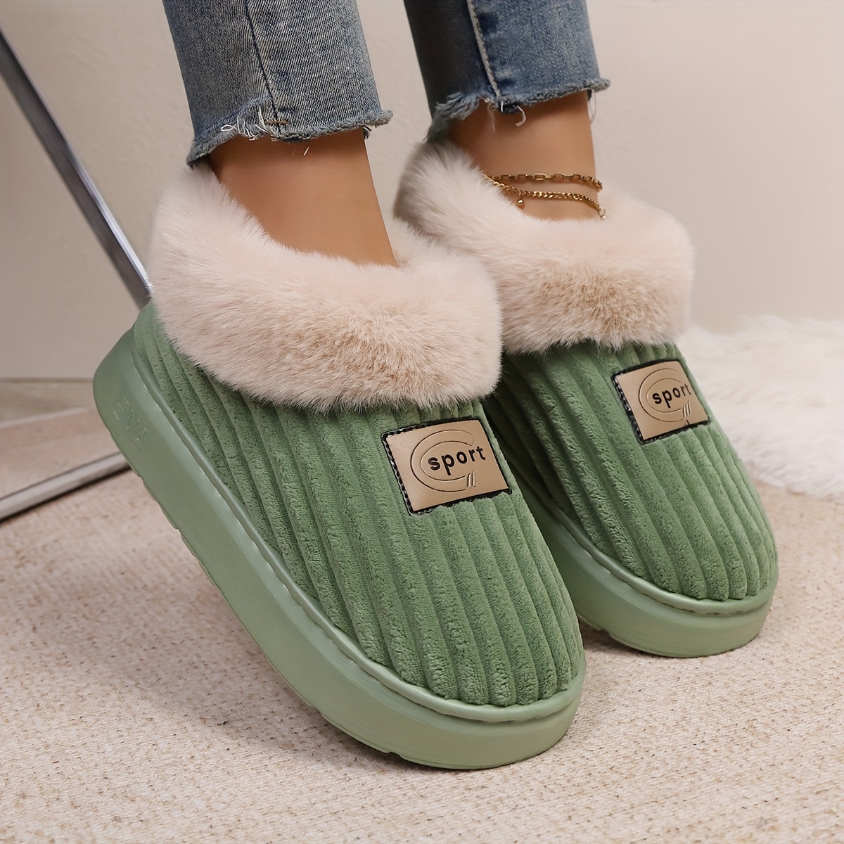 Autumn-winter Women's Fluffy Indoor Slippers, Warm Soft-sole Ankle Shoes, Plush Comfortable High-top Indoor Shoes, Bedroom Quiet Floor Shoes, House Slippers, Plush Slippers, Women Shoes