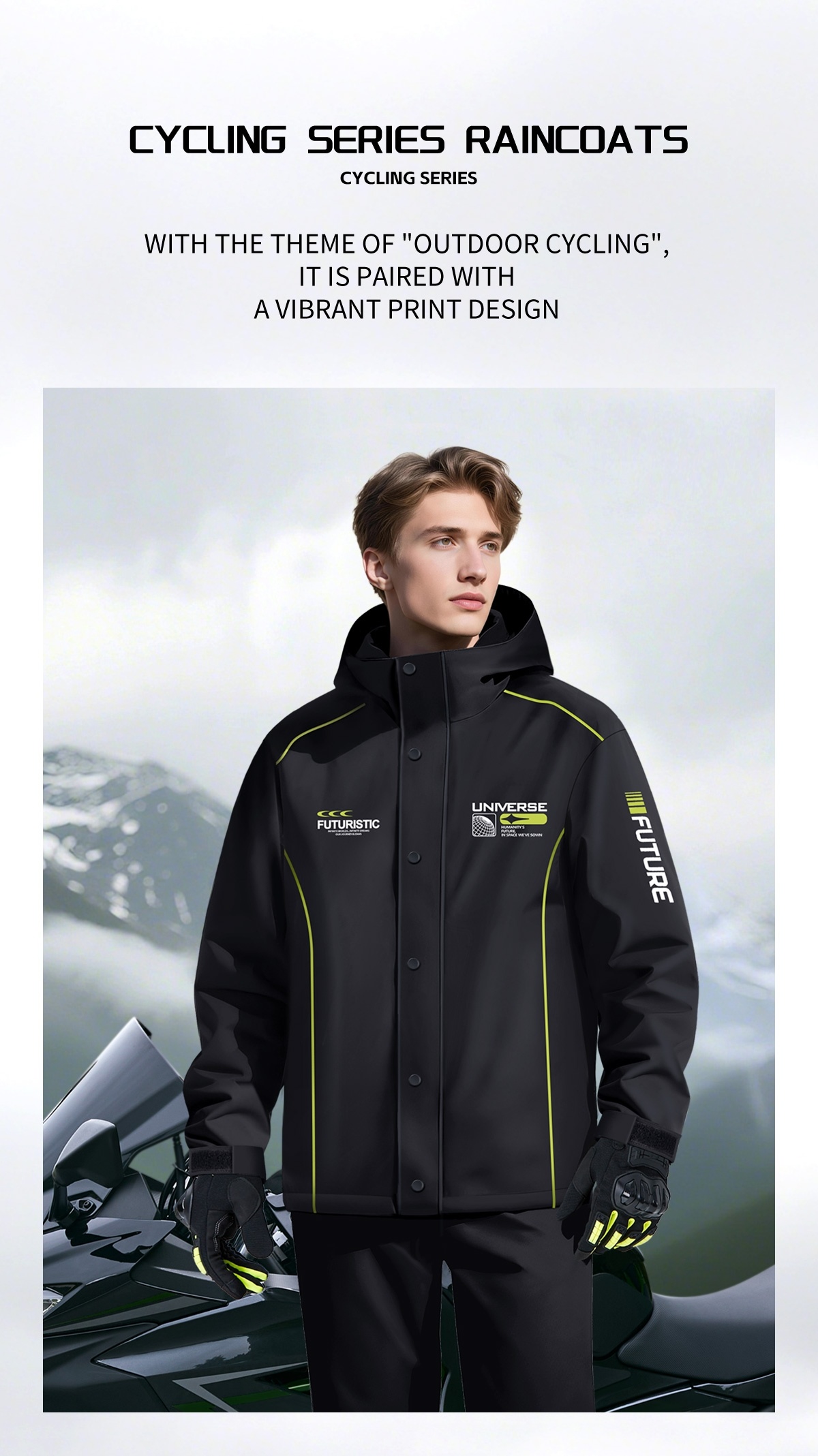 mens raincoat set windproof waterproof and rain resistant consisting of a separate raincoat and pants featuring reflective strips on the back ventilation holes and built in pockets suitable for outdoor cycling hiking     details 1