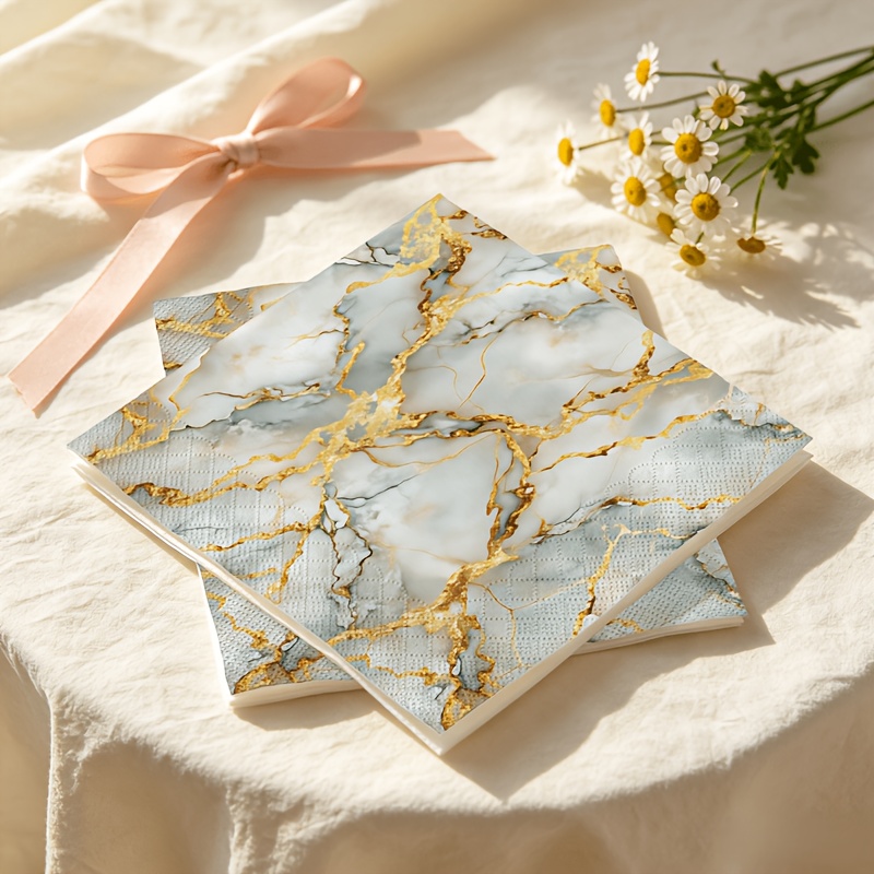 TEMU Product: 20pcs Napkins, Double-layer Napkin Paper, Luxurious Marble Print With Accents, Embossed , Soft And Skin-friendly Texture. Suitable For