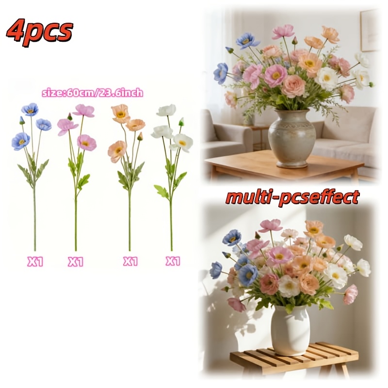 Image of 4pcs Exquisite Faux Home Decor Bouquet, 4-color Mixed Decor. Colors. Suitable For Bridal Handheld Bouquet, Table Centerpiece, Outdoor Garden Scenery, Courtyard Decoration, Balcony