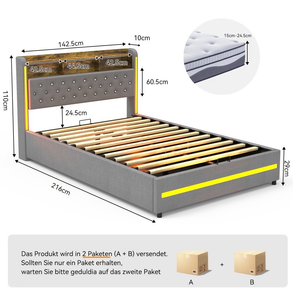 E-shop Moderner hydraulischer Hochbettrahmen mit Stauraum & LED-Kopfteil/Pouf – Hochklappbares Plattformbett für kleine Räume, graues gepolstertes