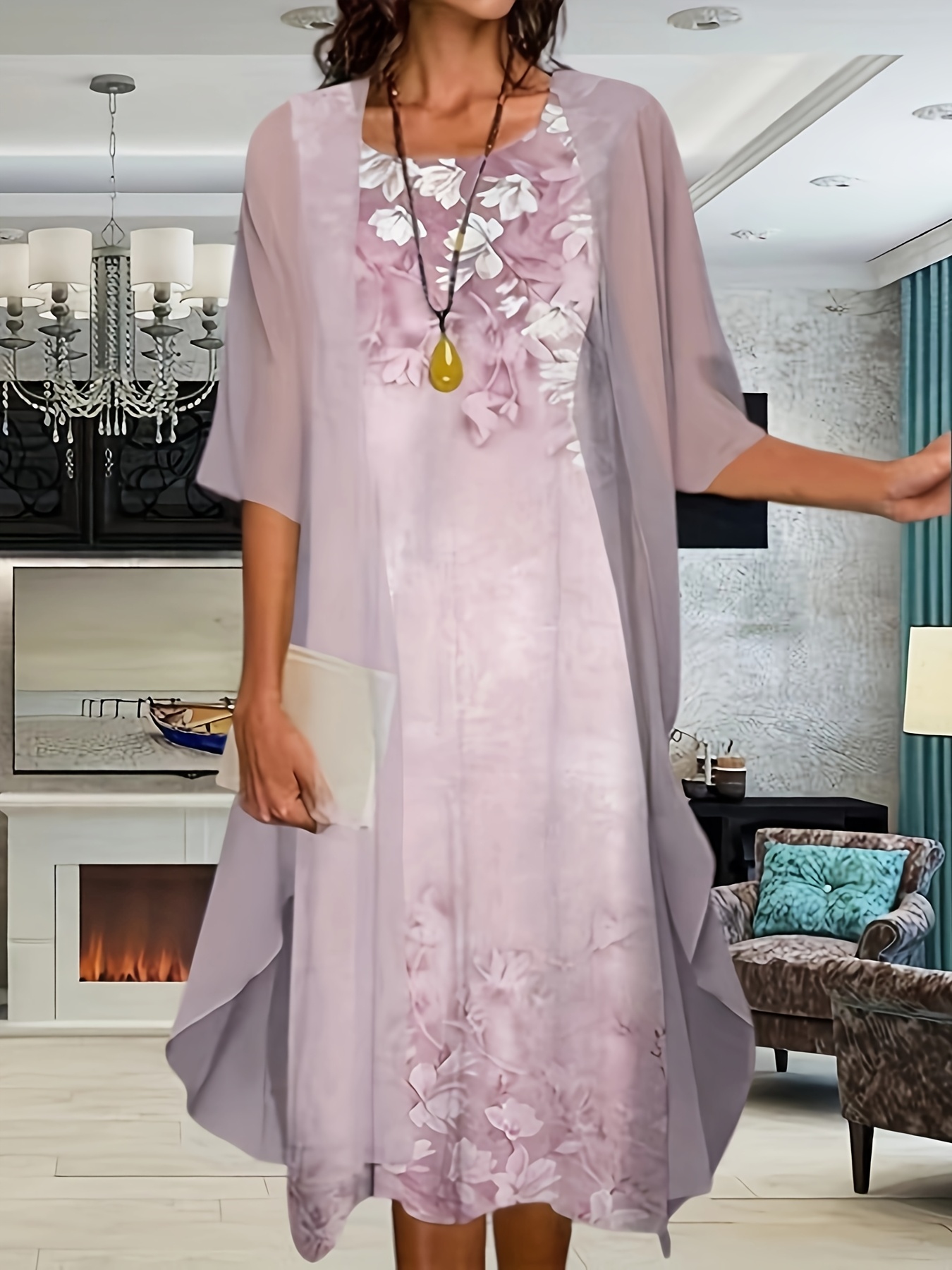 spring summer two piece printed chiffon midi dress short