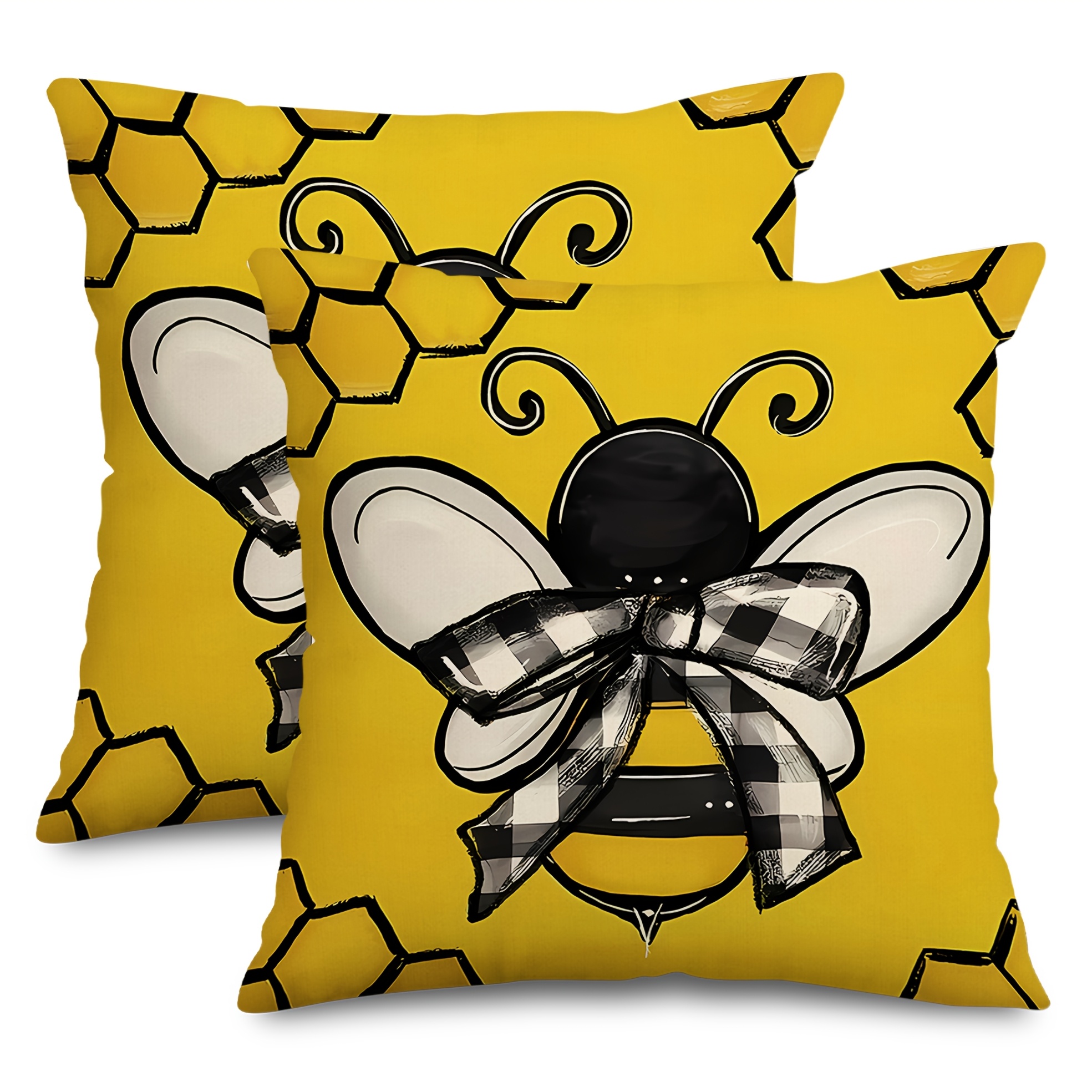 TEMU 2pcs Modern Bee And Honeycomb Design Pillow Covers, 100% Polyester, Machine Washable, Zipper Closure, Decorative Cases For Home And Outdoor Farmhouse Decor, Sizes