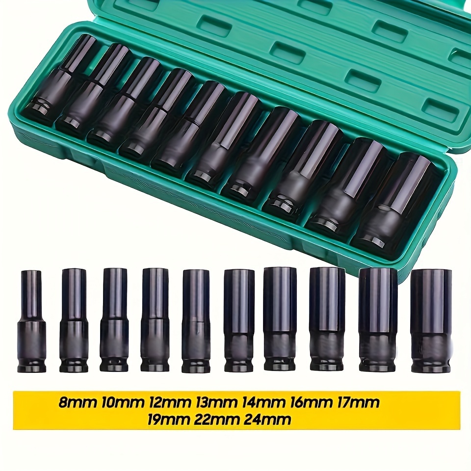 

10-piece Impact Socket Set, Heavy-duty 1/2" Drive Wrench Sockets For Tire Removal, Steel Construction, Pneumatic Tool Compatible For Truck Maintenance - 8mm To 24mm