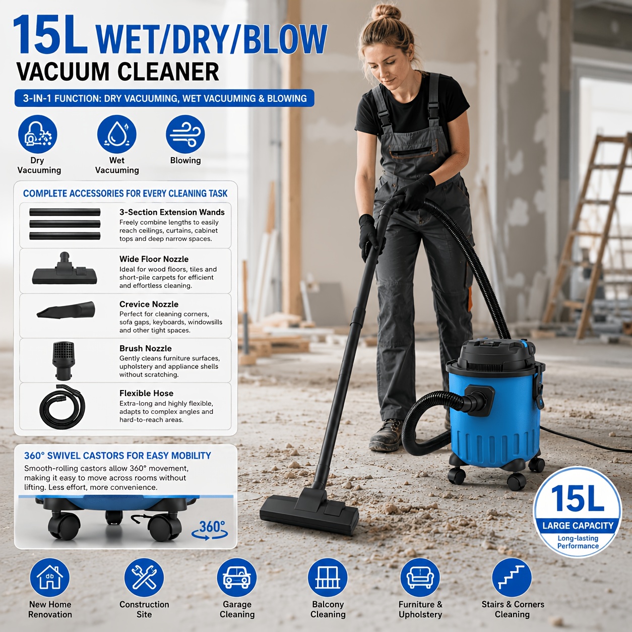 3in 1 Vacuum Cleaner With 15l Capacity, Wet And Dry Bagless Cylinder Compact Floor Cleaning With Blower Function Workshop Dust Extractor Floor Cleaning