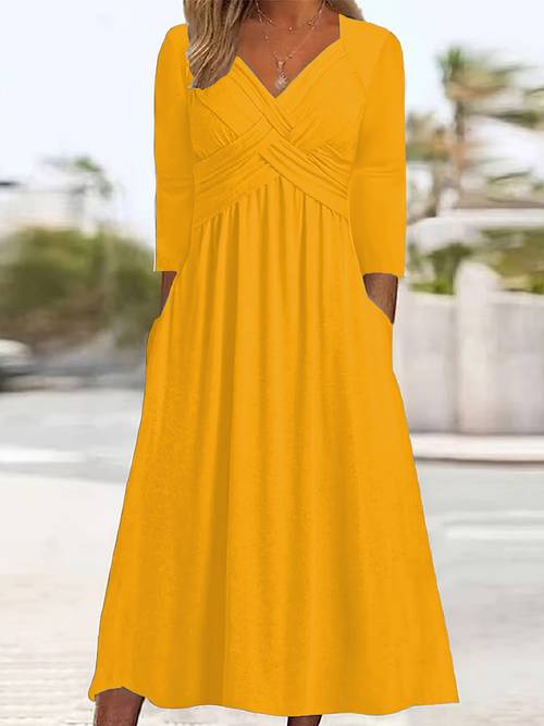 plus size plus size double pocket ruched dress elegant v neck long sleeve dress for spring summer fall womens clothing