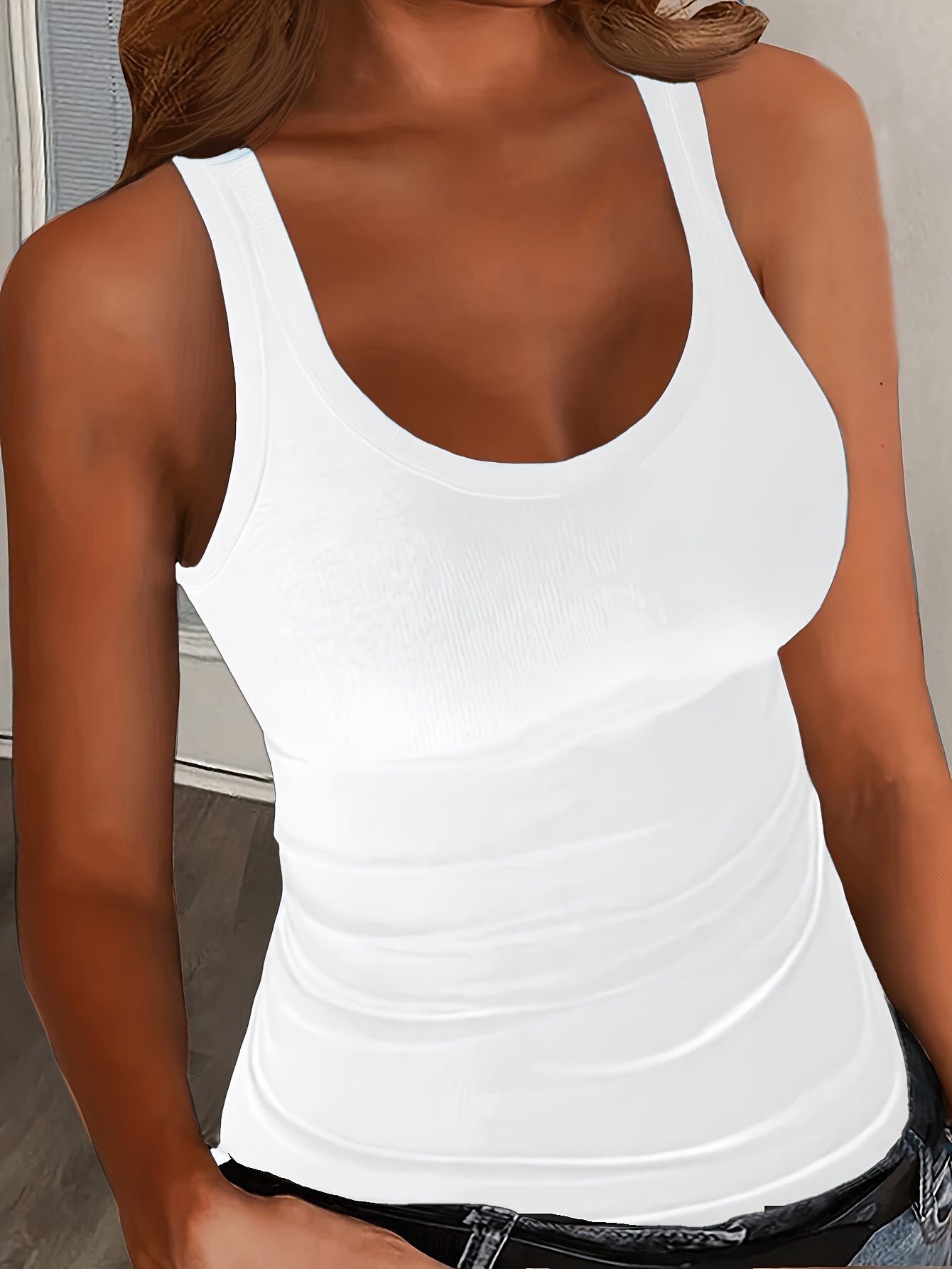 Women's Elegant U-Neck Cami Top - Black, Stretchy Polyester Blend, Sleeveless, Machine Washable, Form-Fitting, All-Season Wear, Casual Layering Piece | Formfitting Design | Plain Weave Top