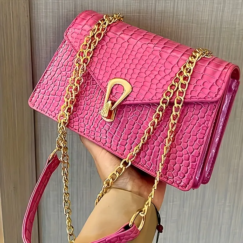 elegant crocodile pattern crossbody bag with clasp in white black rose red green luxurious polyester lined handbag for women evening handbag elegant handbag glossy details 7