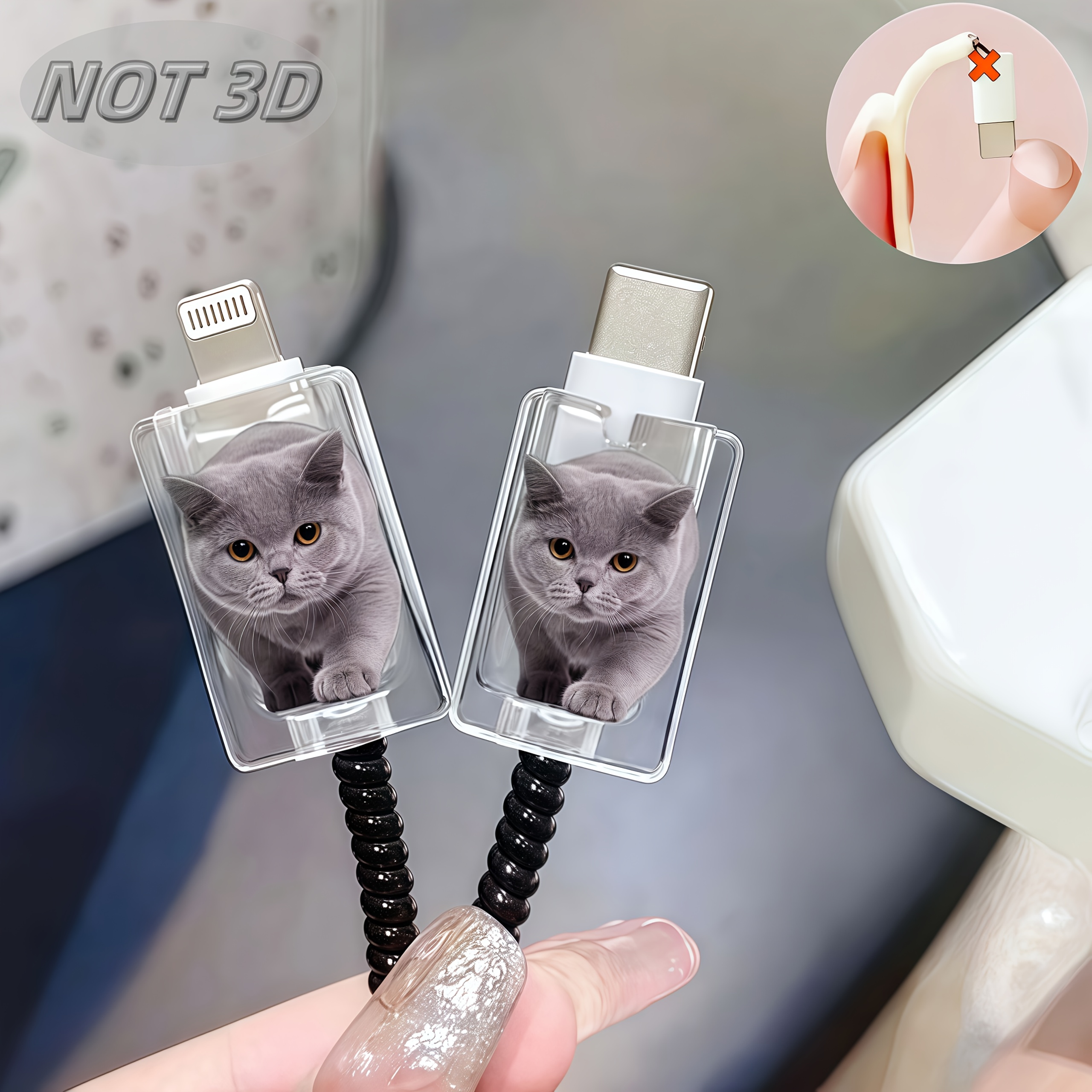 2d Flat 2pcs Cute Blue Cat Cable Protector, Anti-break, Type-c Phone Cable Protector, Beautiful And Durable, 2d Flat