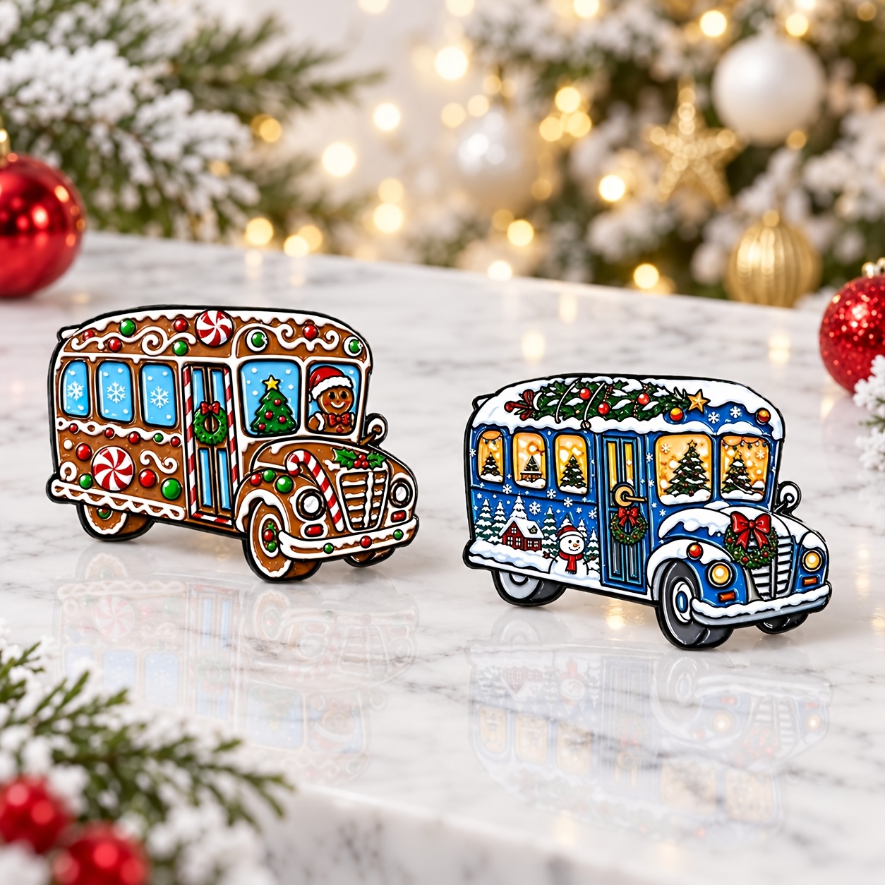 TEMU 2pcs Christmas Multicolor Enamel Pins, Gingerbread Bus Winter Snow Scene Pins, Cute Holiday Vehicle Badges, For Coats, Scarves, Bags, And Hats,