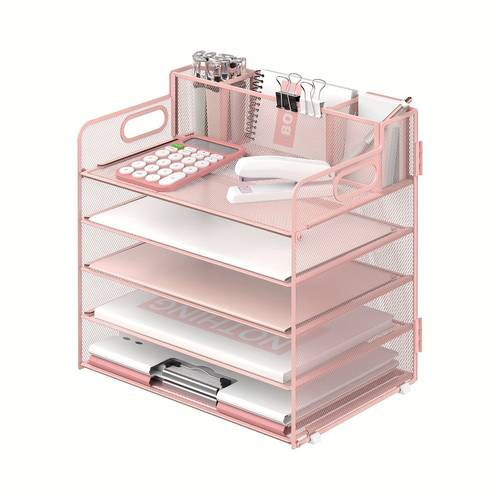 5 tier desk storage rack with handle pen holders desk organizer with grid paper file sorter office supplies paper tray storage box