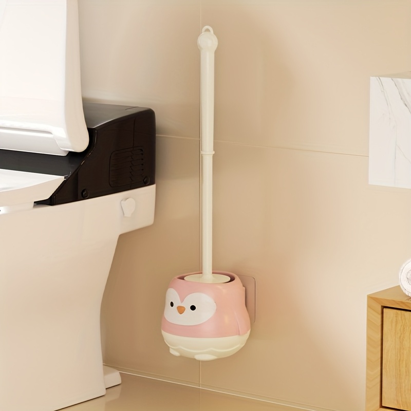 1 Set Cute Cartoon Penguin Toilet Brush Kit, Wall-mounted Long Handle Toilet Cleaning Brush With Holder, Household No-dead Angle Brush, Bathroom Cleaning Brush, Cleaning Tools, Back-to-school Supplies