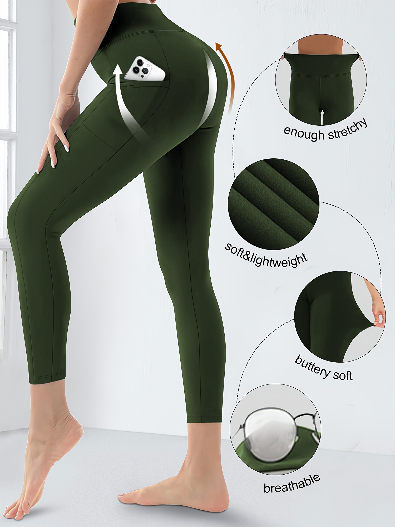 Plus Size High Waist Yoga Pants with Side Pockets - 88% Polyester 12% Elastane Stretchy Tummy Control Leggings, Sculpting Workout Gym Activewear for Women, All-Season Comfort (Machine Washable)