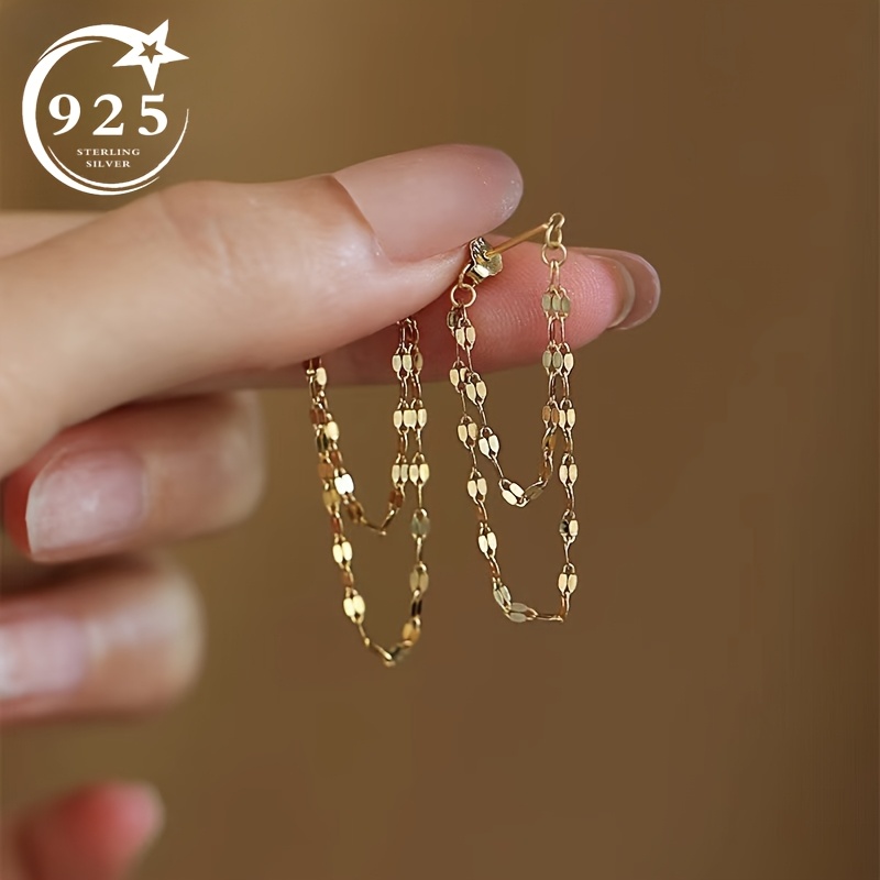 

S925 Chain Versatile Simple Lip Shape Chain Long And Short Tassel Front And Back Double Layer Earrings Suitable For Wedding Occasions Christmas & Thanksgiving 0.78g/ 0.028oz