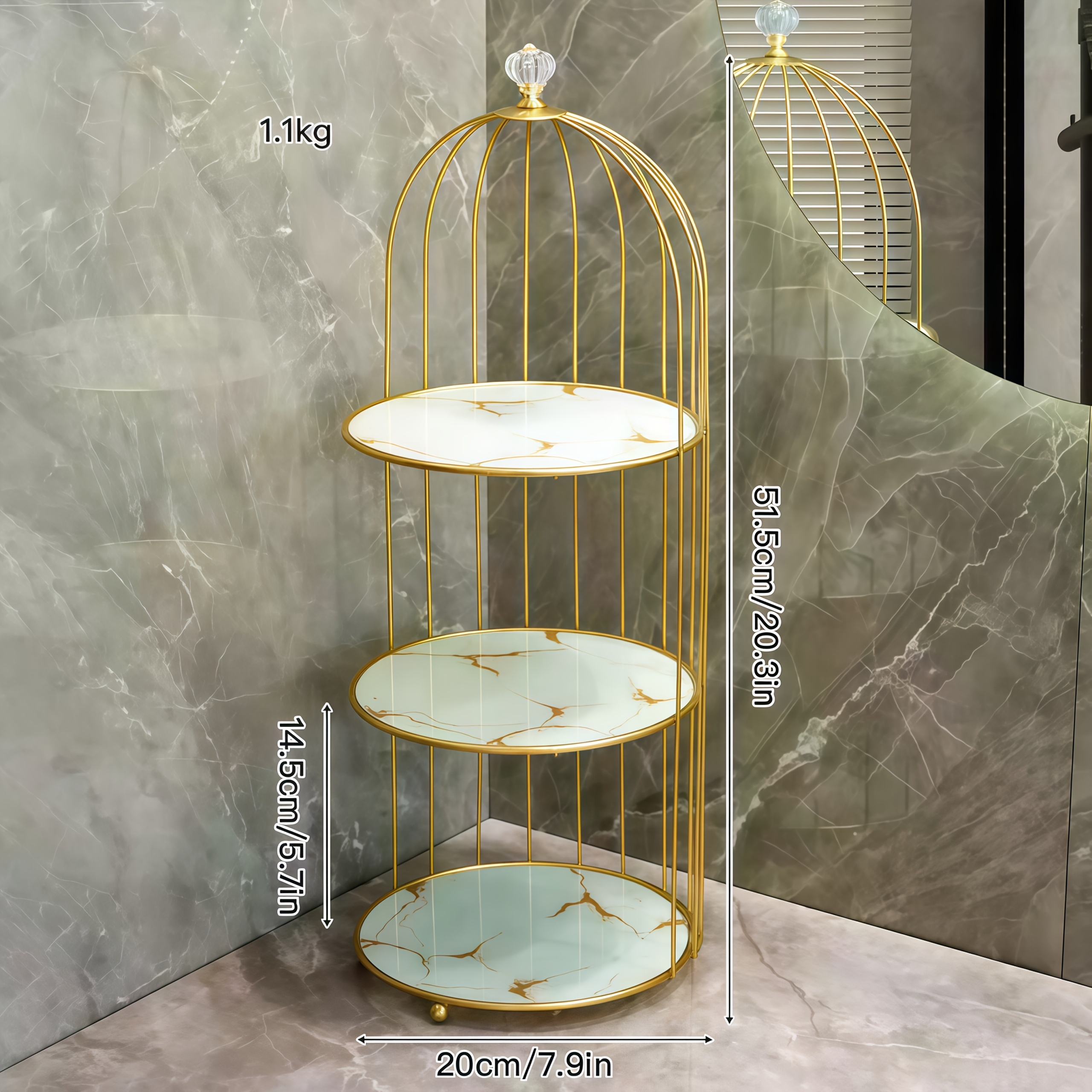 TEMU 1pc Cast Iron Golden And White Birdcage Storage Rack - Freestanding 3-tier Marble Bathroom Organizer With Powder Coating, Space-saving Vanity