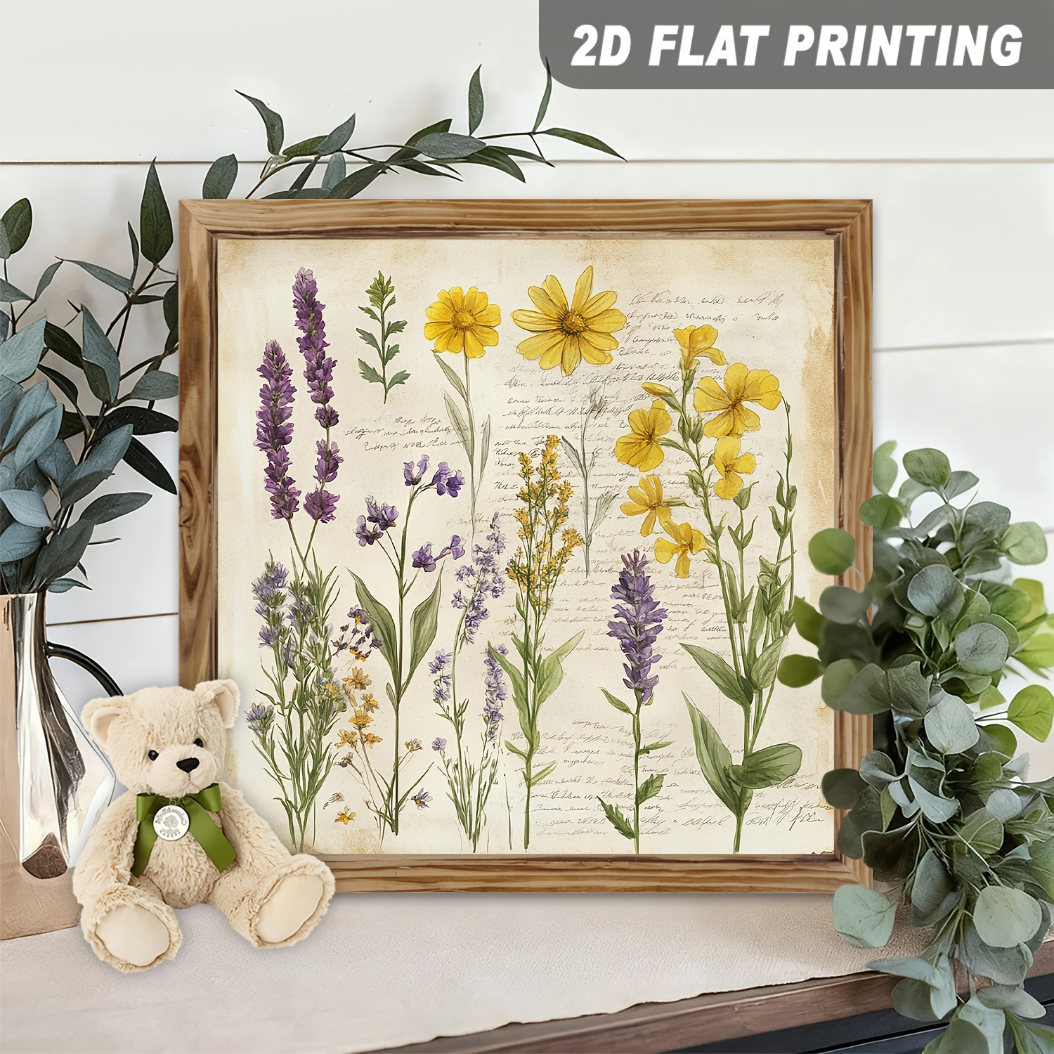TEMU 2d Flat, 1pc Vintage Botanical Daisies & Lavender Wall Decor - Square Wood Framed Aged Paper Sign With Suitable For,, Wedding, Spring Decoration