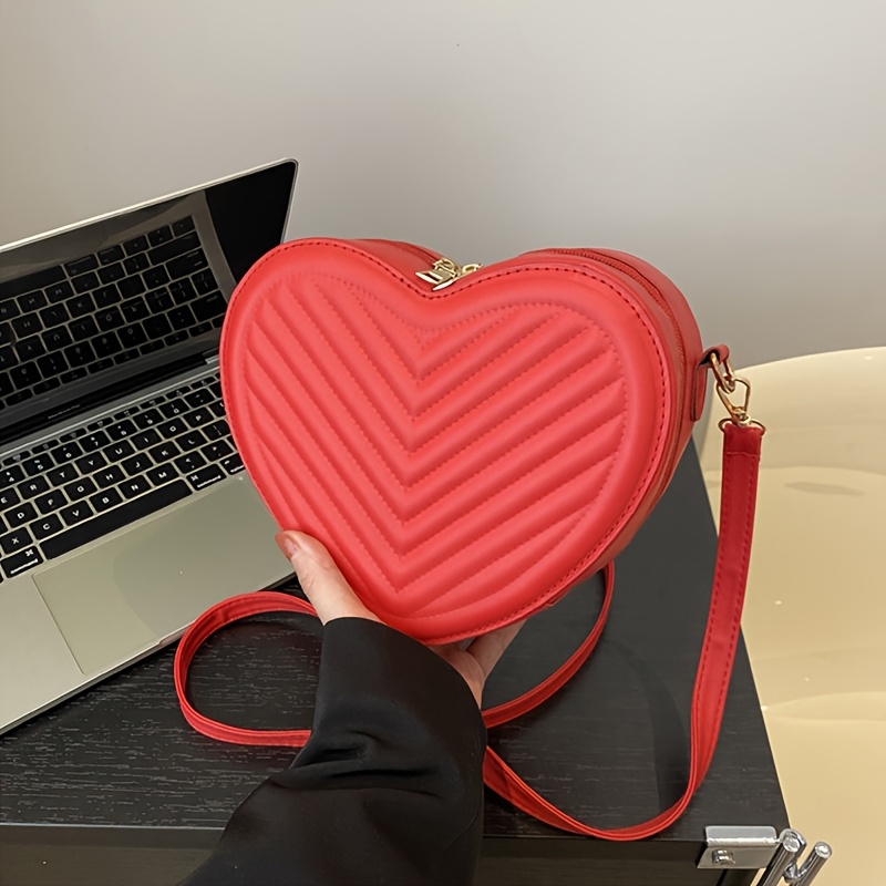 TEMU Women's Crossbody Bag - V-embossed Solid Color Heart-shaped Shoulder Bag, Romantic Crossbody Bag. Ideal Valentine's Day Gift For Shopping, Daily