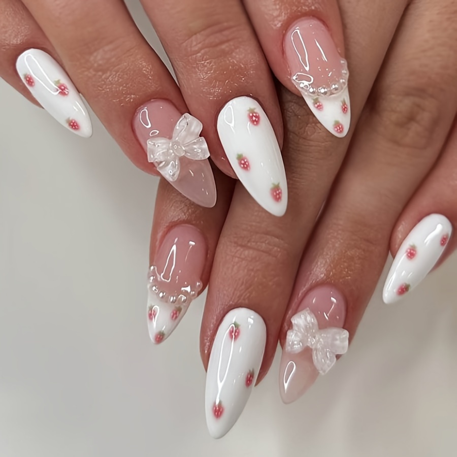 

24-piece Long Almond Shaped False Nails, Pink Strawberry Print Press-on Nails With 3d Faux Pearl Bow Design, Elegant Nail Art For All Women