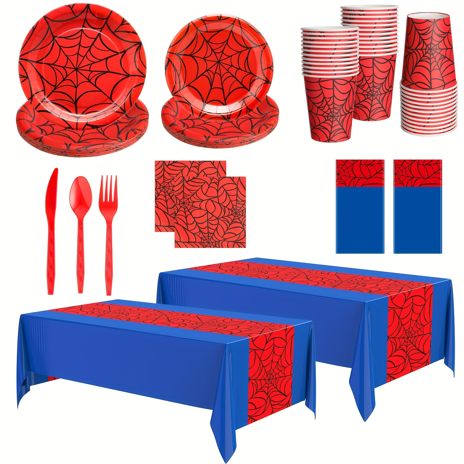 TEMU Party Supplies Set 162 Birthday Party Decoration Supplies Red Blue Disposable Rectangular Web Tablecloth Paper Plates Napkins Cups Set Plastic