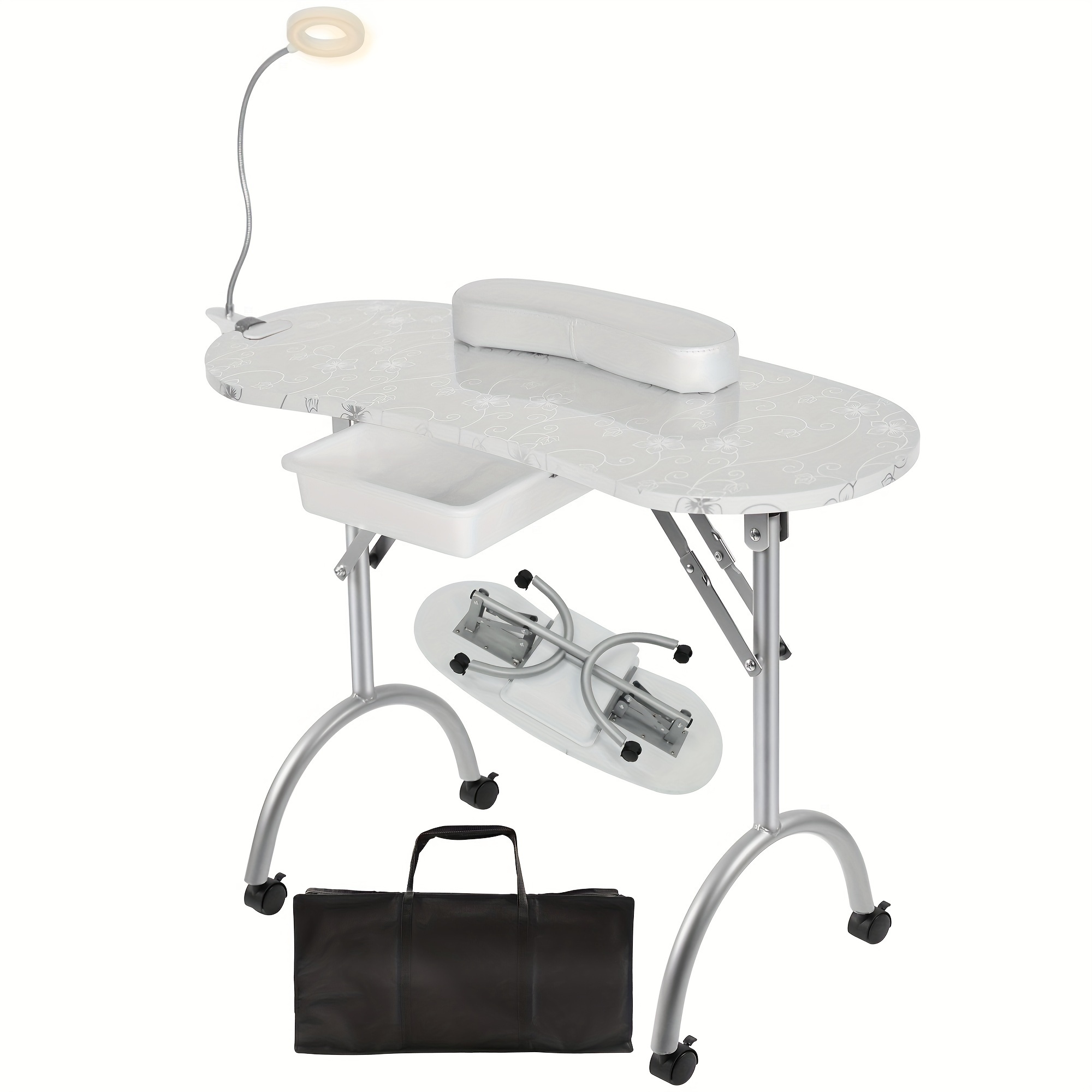 TEMU Foldable Nail Table For , Featuring A Drawer, Led Lamp, 4 Lockable Wheels, And A Carrying Bag, Designed For With A Wrist Cushion
