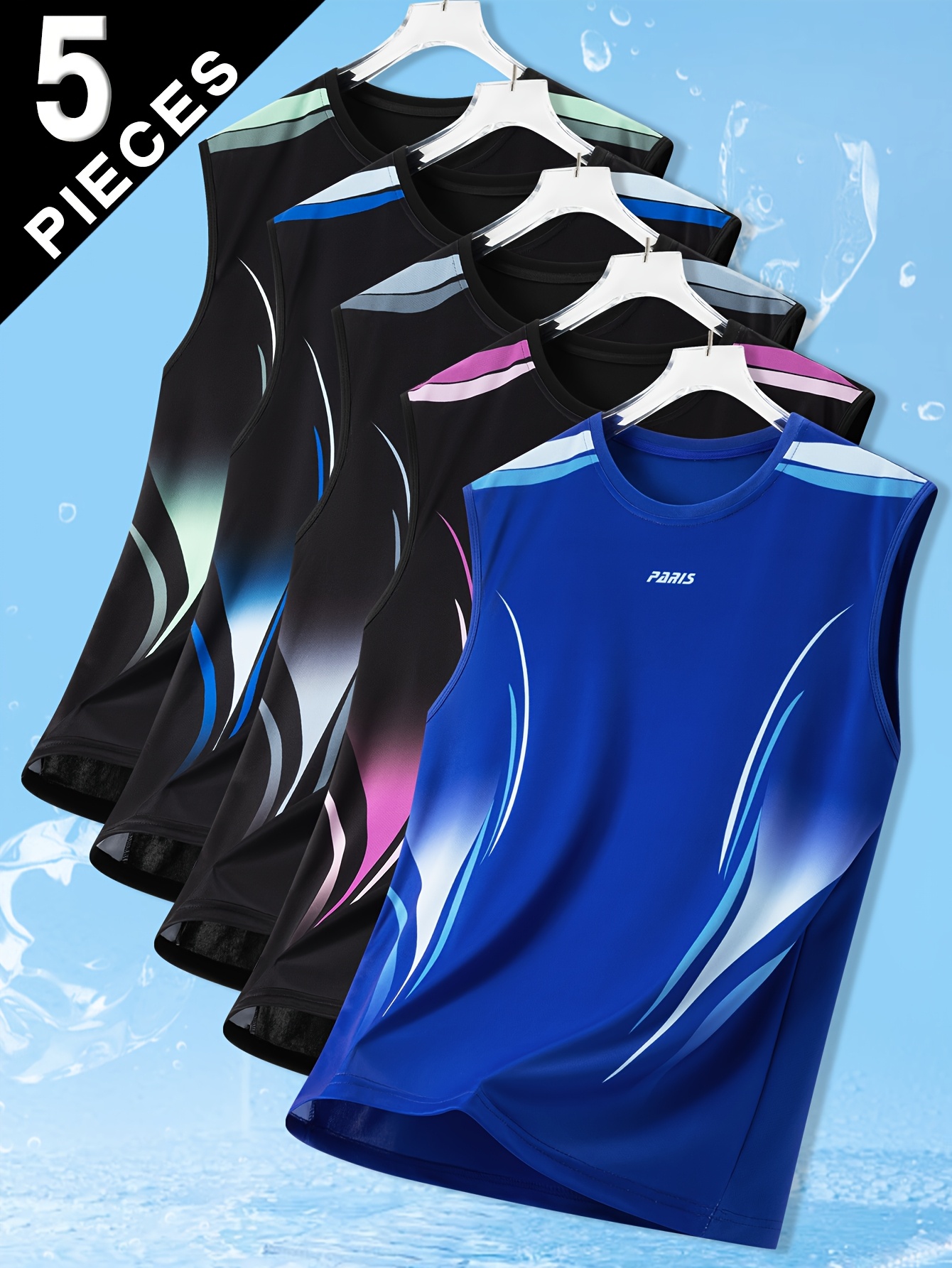 5 stück herren atmungsaktive   tanktops – hochelastische, feuchtigkeitstransportierende sportshirts mit geometrischem druck & farbblock für fitnessstudio, laufen, outdoor-training – sommer aktivkleidung essentials, workout-shirts, hochelastisches material
