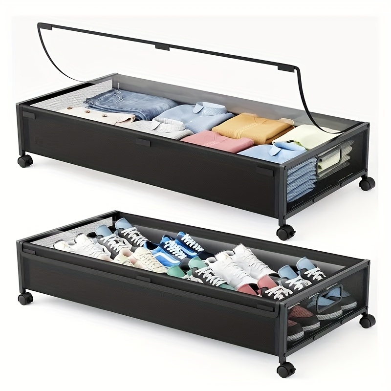 TEMU 2pack Under Bed Storage With Wheels, 54l Large Capacity With Clear Window, Under Bed Storage For Clothes, Shoes, Blankets, Books, Under-bed Storage