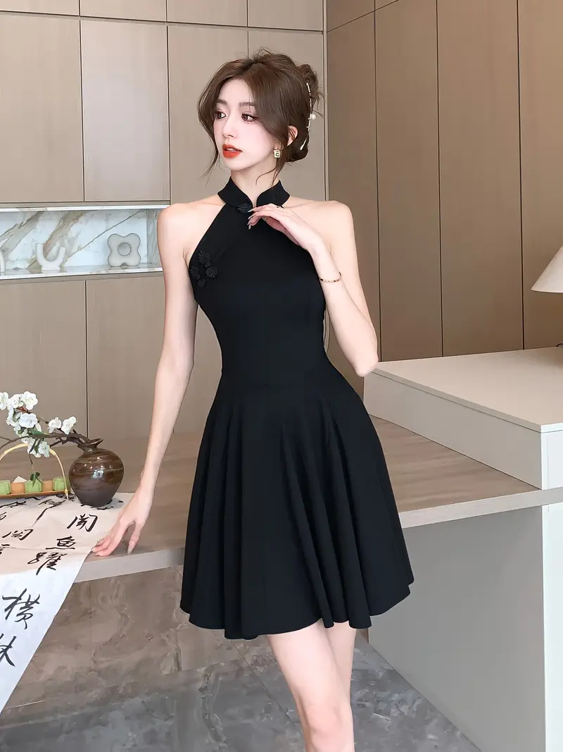 Elegant Black Halter Neck A-Line Dress for Women - Sleeveless, Cinched Waist, Flowy Maxi Skirt Style * Spring/Summer, Birthday & Evening At Elegant Black Halter Neck A-Line Dress for Women - Sleeveless, Cinched Waist, Flowy Maxi Skirt Style * Spring/Summer, Birthday & Evening At
