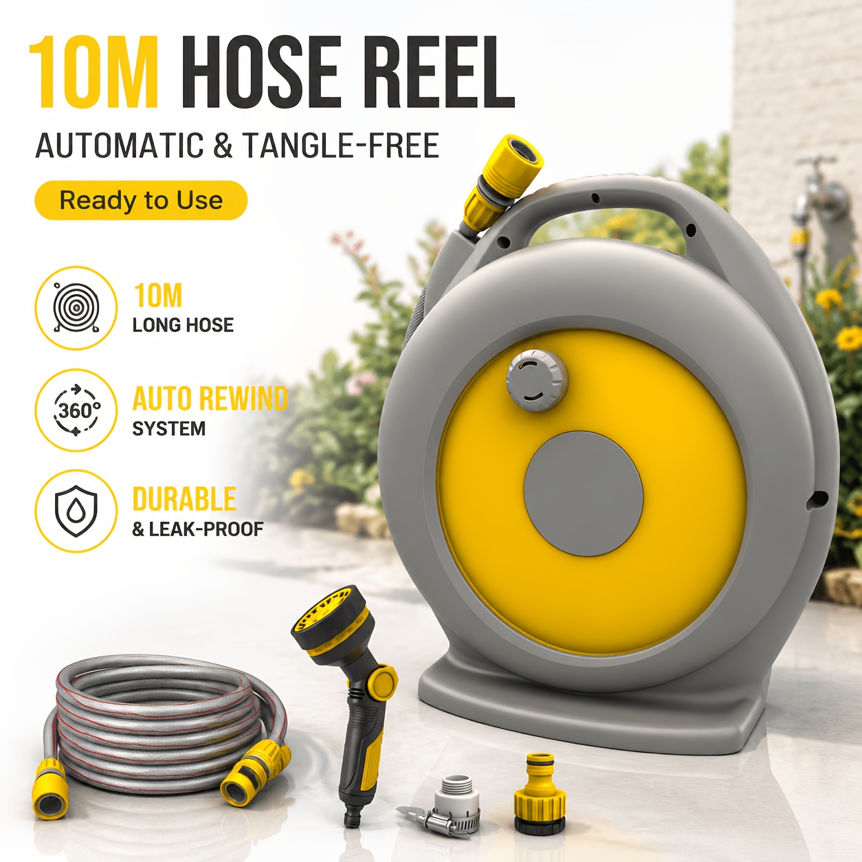 10m Hose Reel Cart With Full Coverage Design, Portable Garden Water Hose Trolley With Wheels, Heavy Duty Outdoor Watering Reel For Lawn, Yard, Garden, Car Washing, Patio, Balcony & Driveway Cleaning