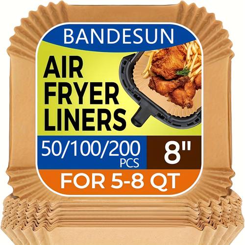 50 100 200pcs square unbleached non stick air fryer parchment paper sheets disposable baking pan liners precut heavy duty baking paper heat resistant splash guard design suitable for air fryer oven frying pan grilling and fries