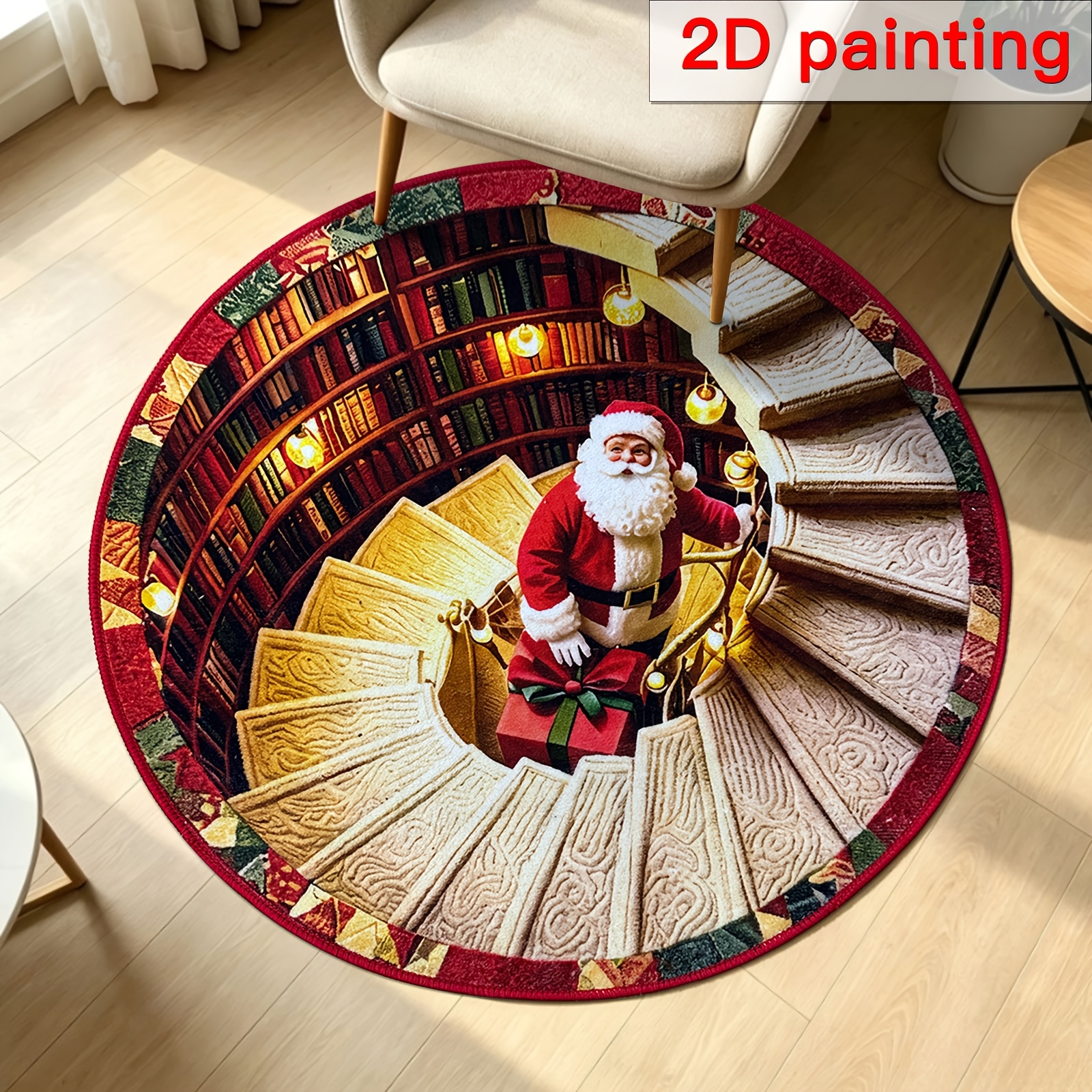 TEMU 2d Print Doormat, Velvet Material Christmas Round Rug, Visual Trap Entrance Hall Anti-slip Holiday Doormat, Santa Claus Pattern Living Room