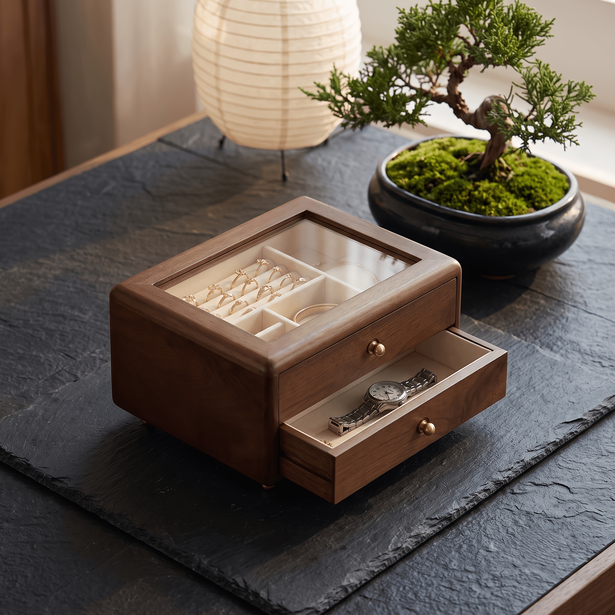 Wooden Walnut-colored Double-layer Transparent Jewelry Box with Drawer Design, Extra-large Capacity Storage Case, Suitable for Rings, Necklaces, Earrings, Bracelets, and Other Types of Jewelry. A Classic Solid Wood Jewelry Storage Box, a Practical