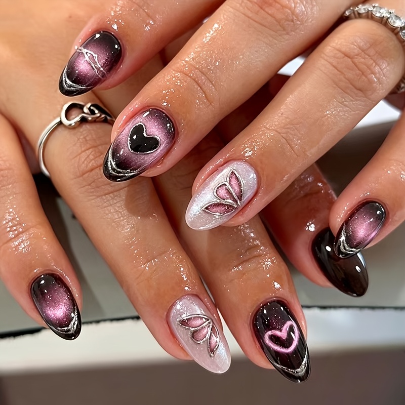 TEMU 10 stuks Kattenoog Druk-op Nagels in Donkere Zoete Stijl, Handgeschilderde Amandelvormige Nagels met Zilverkleurige Rand, Hart en Vlinder,