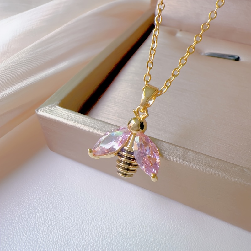 TEMU 1pc Of Fashionable Cubic Synthetic Cubic Zirconiaia Bee Pendant Necklace, Suitable For Daily And Festive Wear, Included, For Teenager