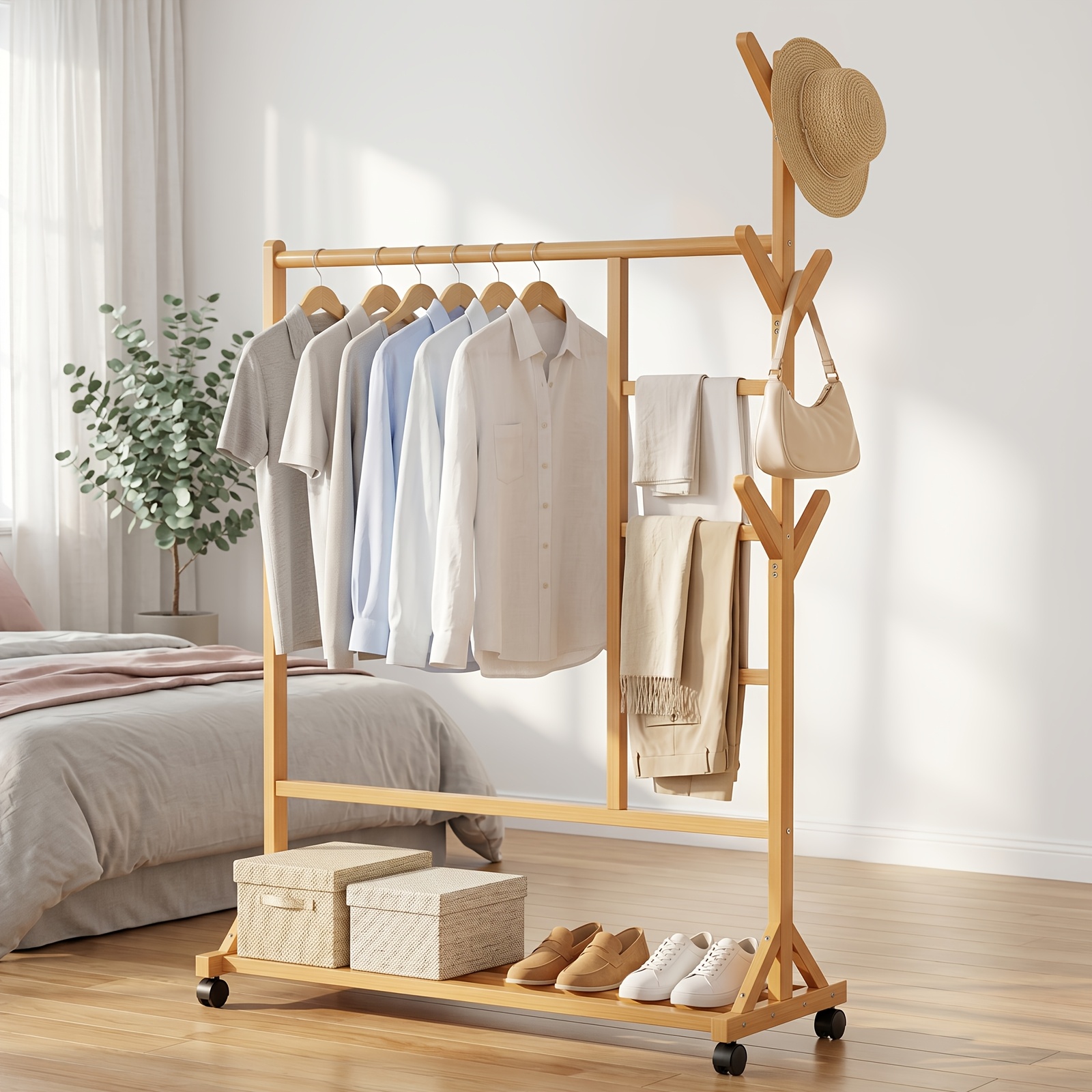 Image of Rolling Garment Rack With Wheels And 100cm Clothes Hanging Rail With Side Hooks Heavy Duty Coat Rack For Bedroom Entryway Laundry Room Storage