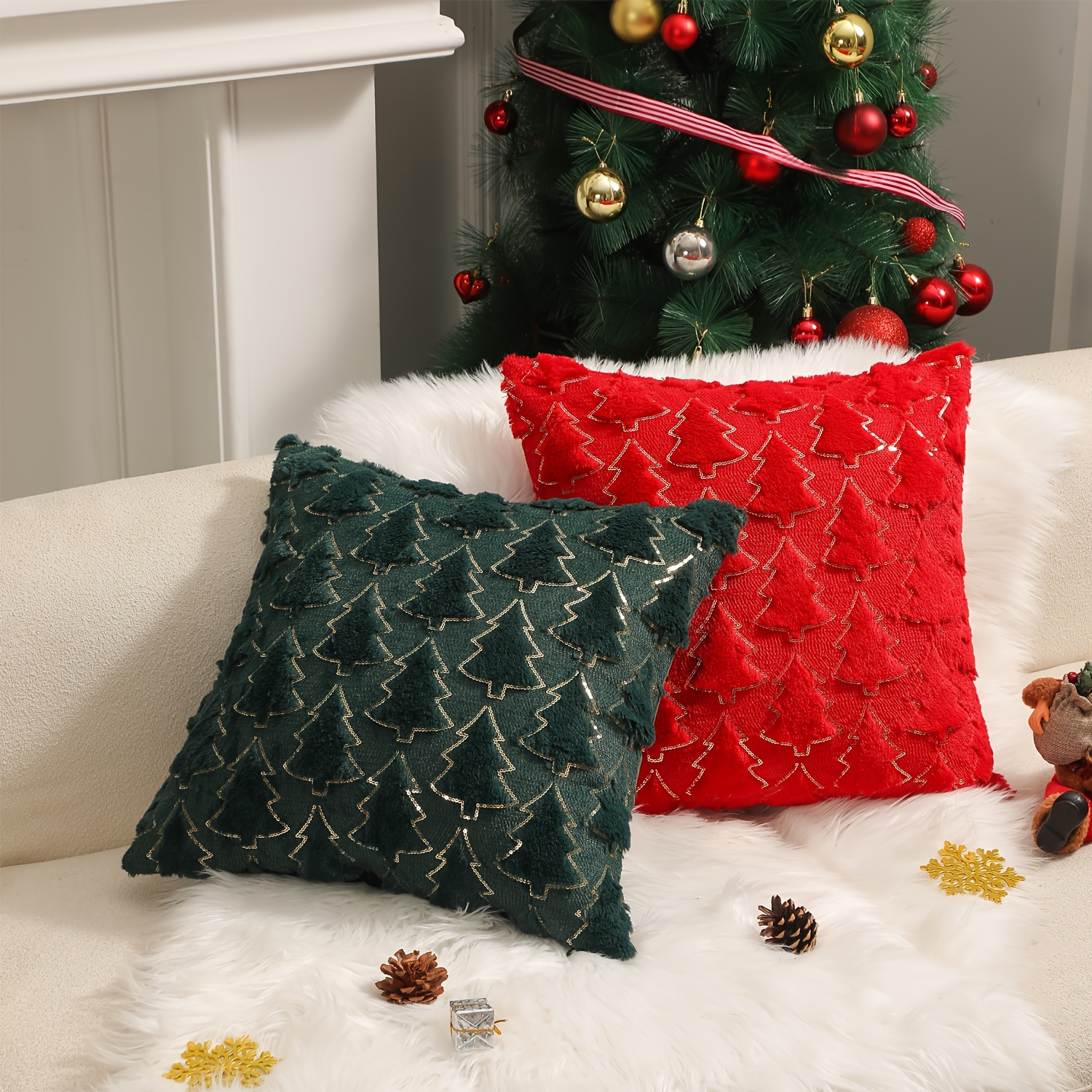 

Contemporary Reversible Christmas Tree Throw Pillow Cover With Zipper Closure - Hand Wash Only Polyester Decorative Pillowcase For Room Types - Decor (1pc)