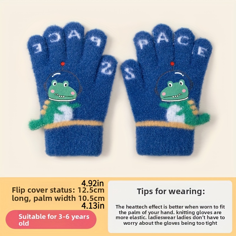 Image of Knit Thickened Autumn Winter Warm Fleece Cartoon Dinosaur Five-finger Pointed Knit Gloves