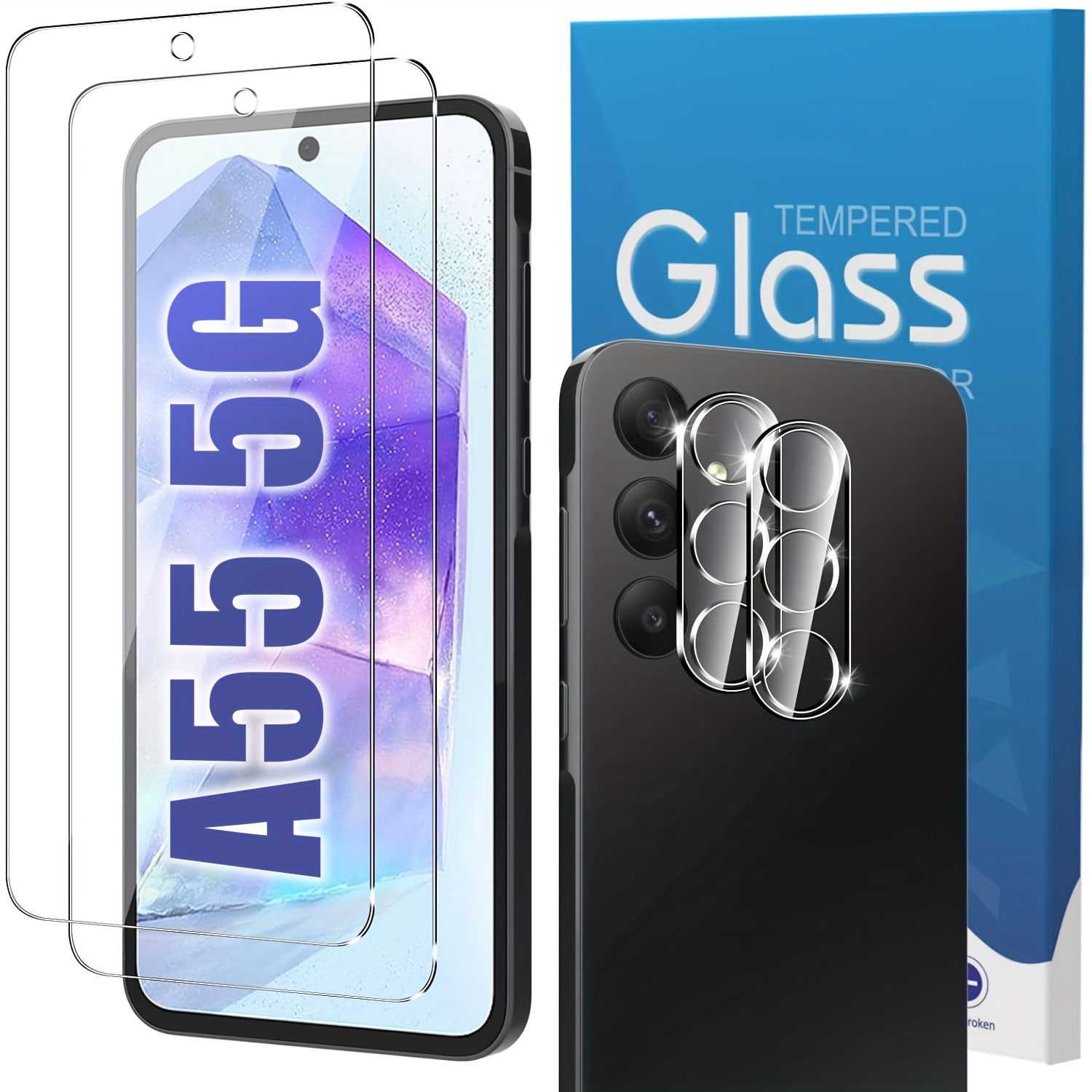 

Galaxy A55 5g Screen Protector Bundle - 2-pack Hd Clear Tempered Glass With Camera Lens Guards, Full Coverage, Scratch Resistant, Easy Install Kit