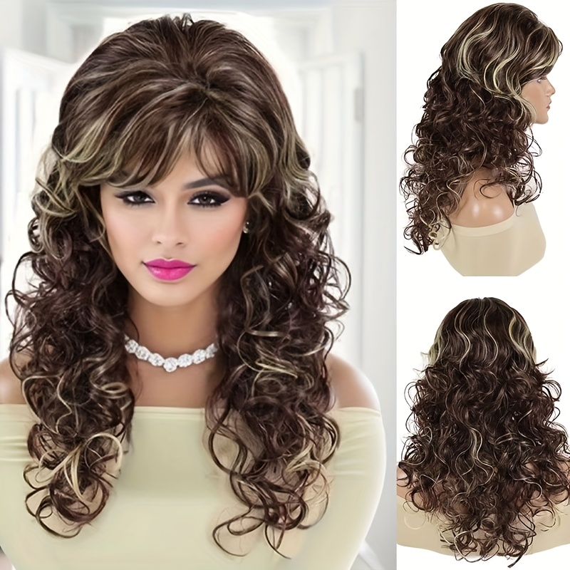 

Elegant Synthetic Wig For Women, Long Curly Dark Brown With Bangs, Natural Looking Heat Resistant Fiber, Cap, 180% Density Afro Curly/kinky Style